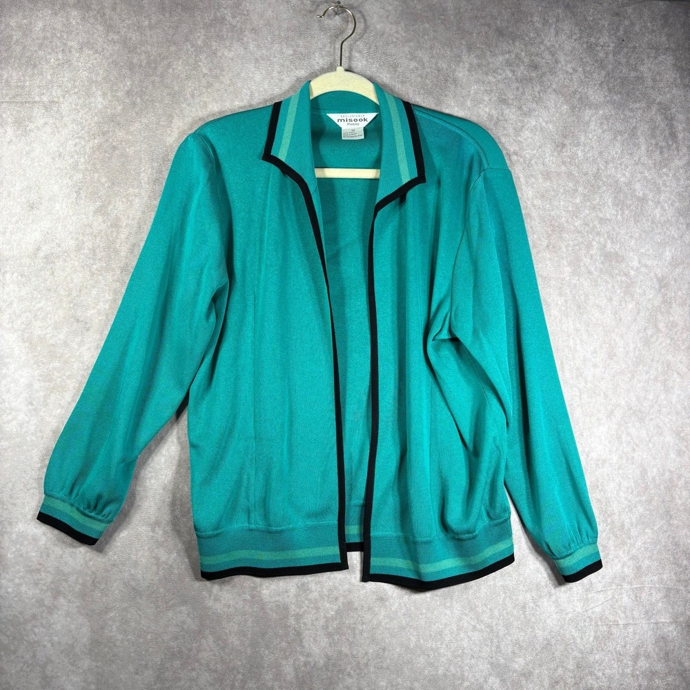 Exclusively Misook Cardigan Sweater Womens Size PM Green Knit Open Front Career‎